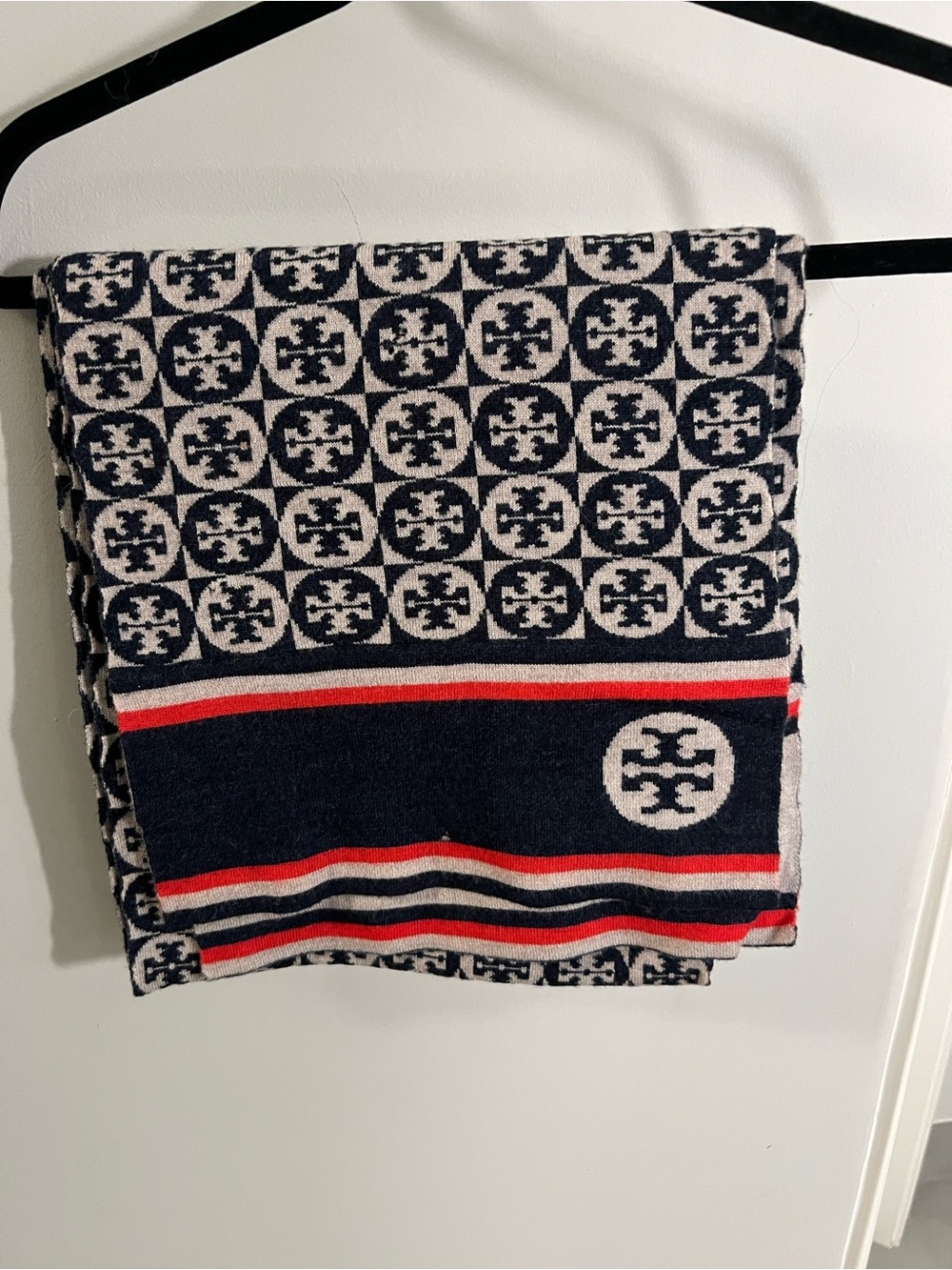 Tory Burch Navy, White & Red Logo Knit Scarf